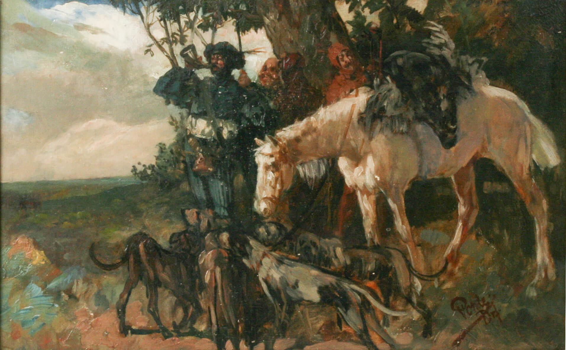 Oil on canvas. Signed lower right, Hermann Emil Pohle. The painting is a genre piece. A Renaissance style hunting scene. The hunting horn is blown before a retreat home. A wild boar has been taken. Dimensions frame: 60 x 82. Canvas: 37 x 60. In a