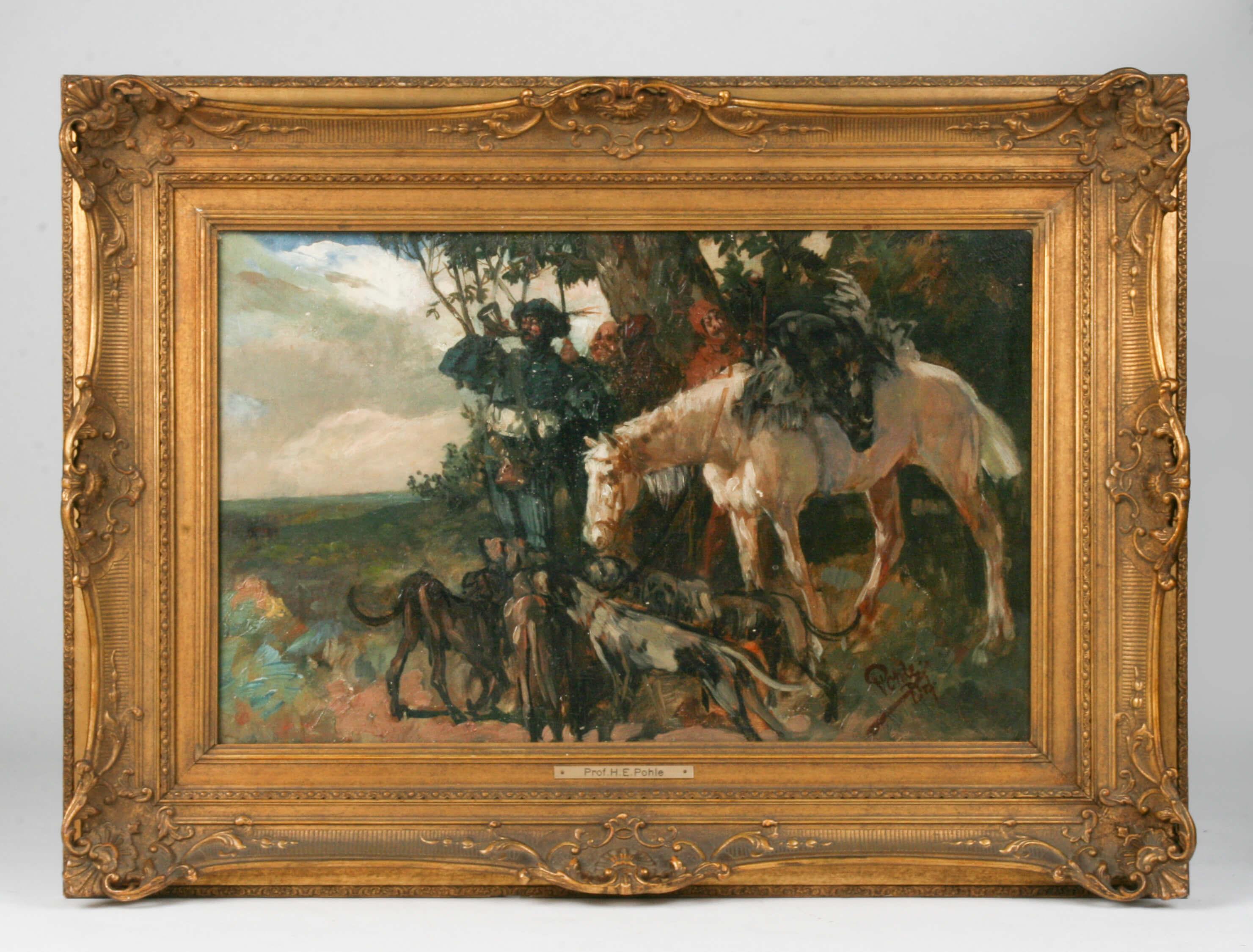 Renaissance Fin du 19ème siècle Peinture à l'huile Scène de chasse Herman Emil Pohle en vente