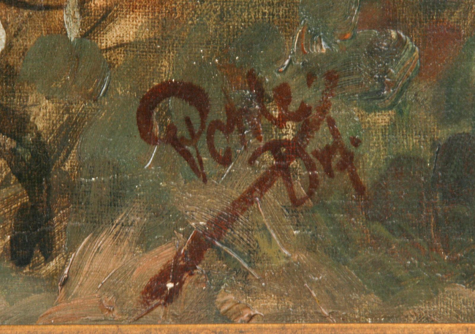 Peint à la main Fin du 19ème siècle Peinture à l'huile Scène de chasse Herman Emil Pohle en vente
