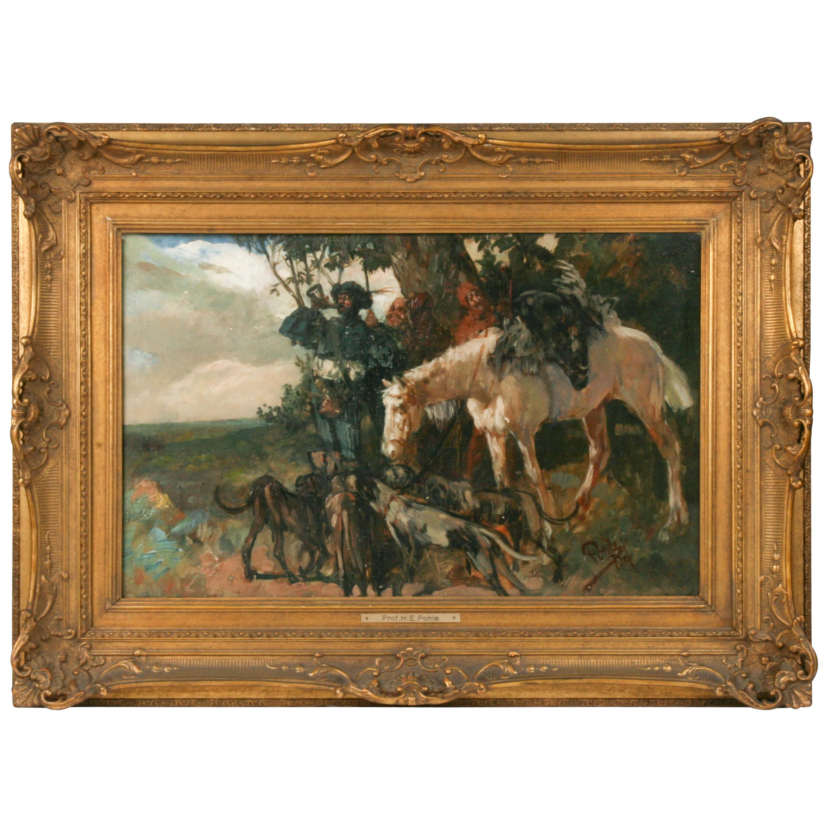 End 19th Century Oil Painting Hunting Scene Herman Emil Pohle For Sale