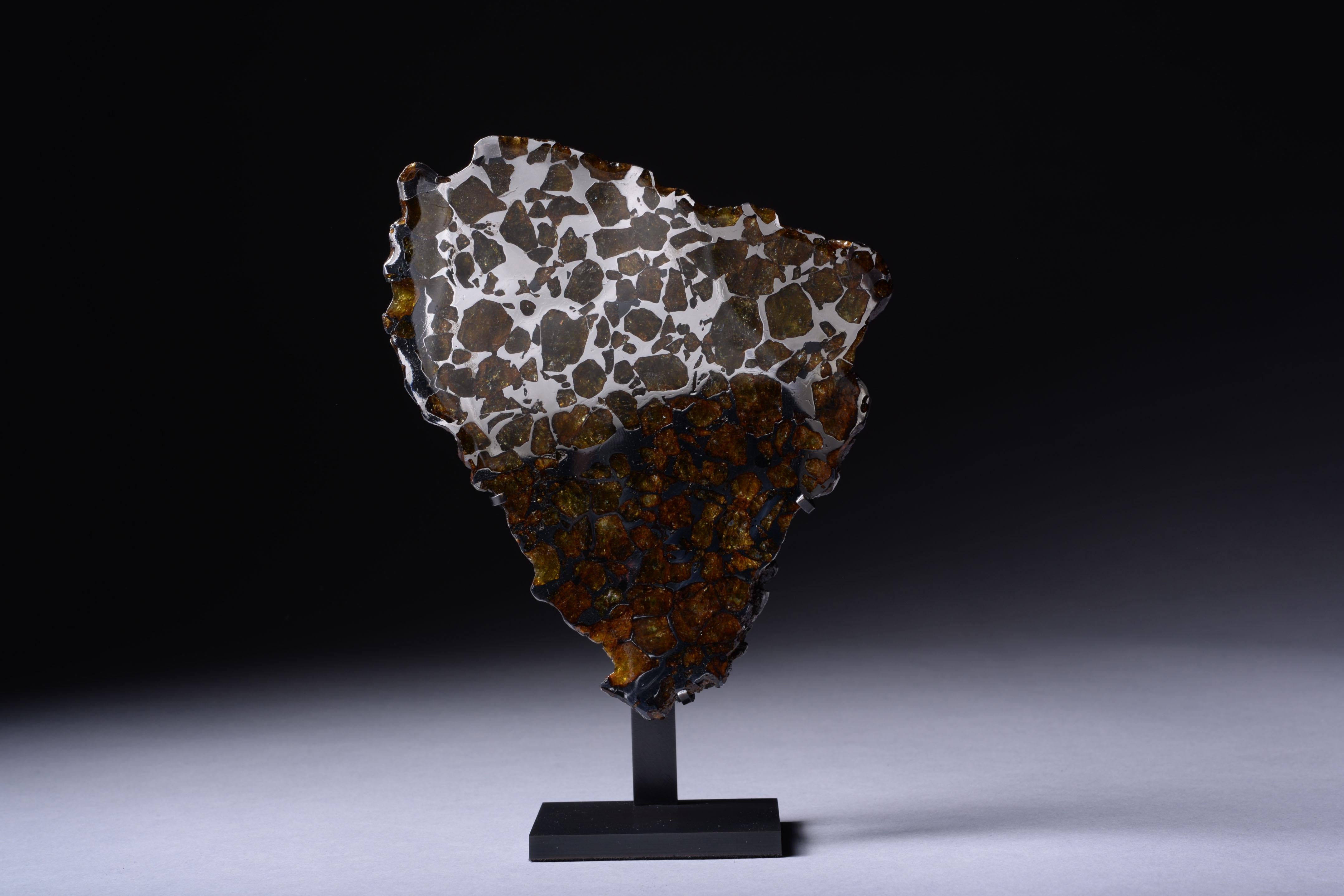 Imilac Meteorite End-Cut
circa 4.5 Billion y/o
Measures: 10 x 13 x 1 cm

“This interior section of the Imilac pallasite shows a large range of olivine grain sizes there are coarse grains, grain clusters and fine-grained, crushed olivine debris.