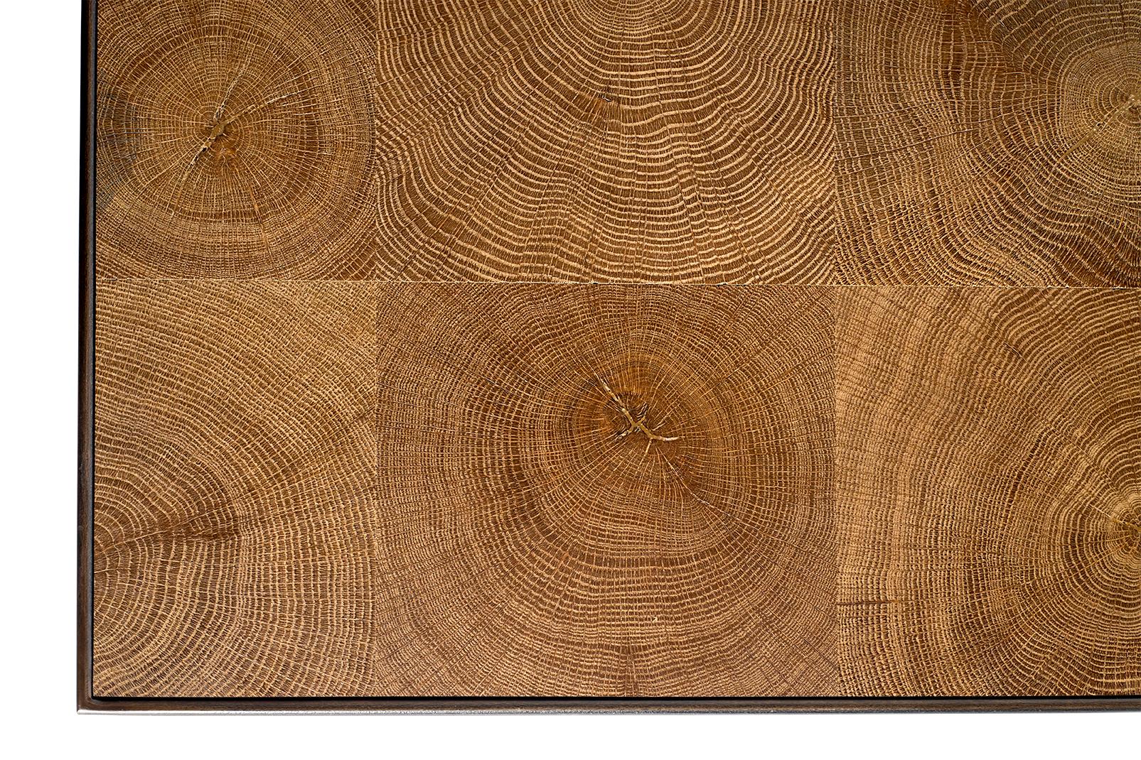 Moderne Table basse en chêne taillé à l'extrémité avec bandes d'acier sur base minimaliste en acier en vente