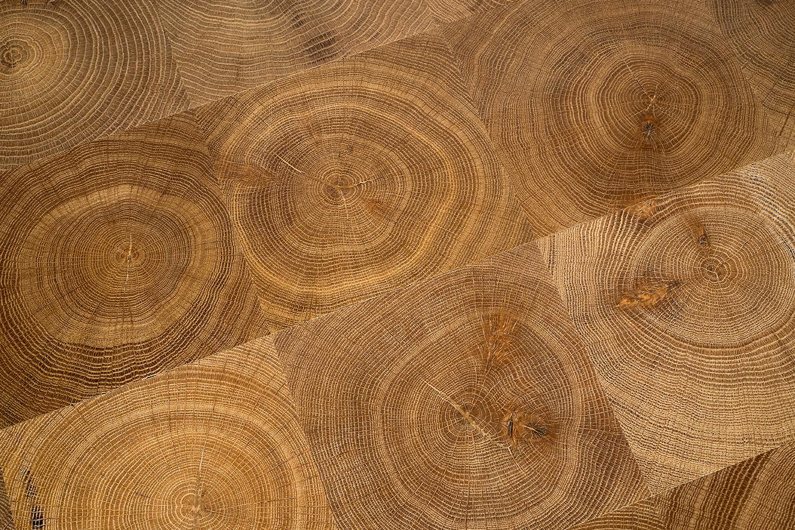 20ième siècle Table basse en chêne taillé à l'extrémité avec bandes d'acier sur base minimaliste en acier en vente