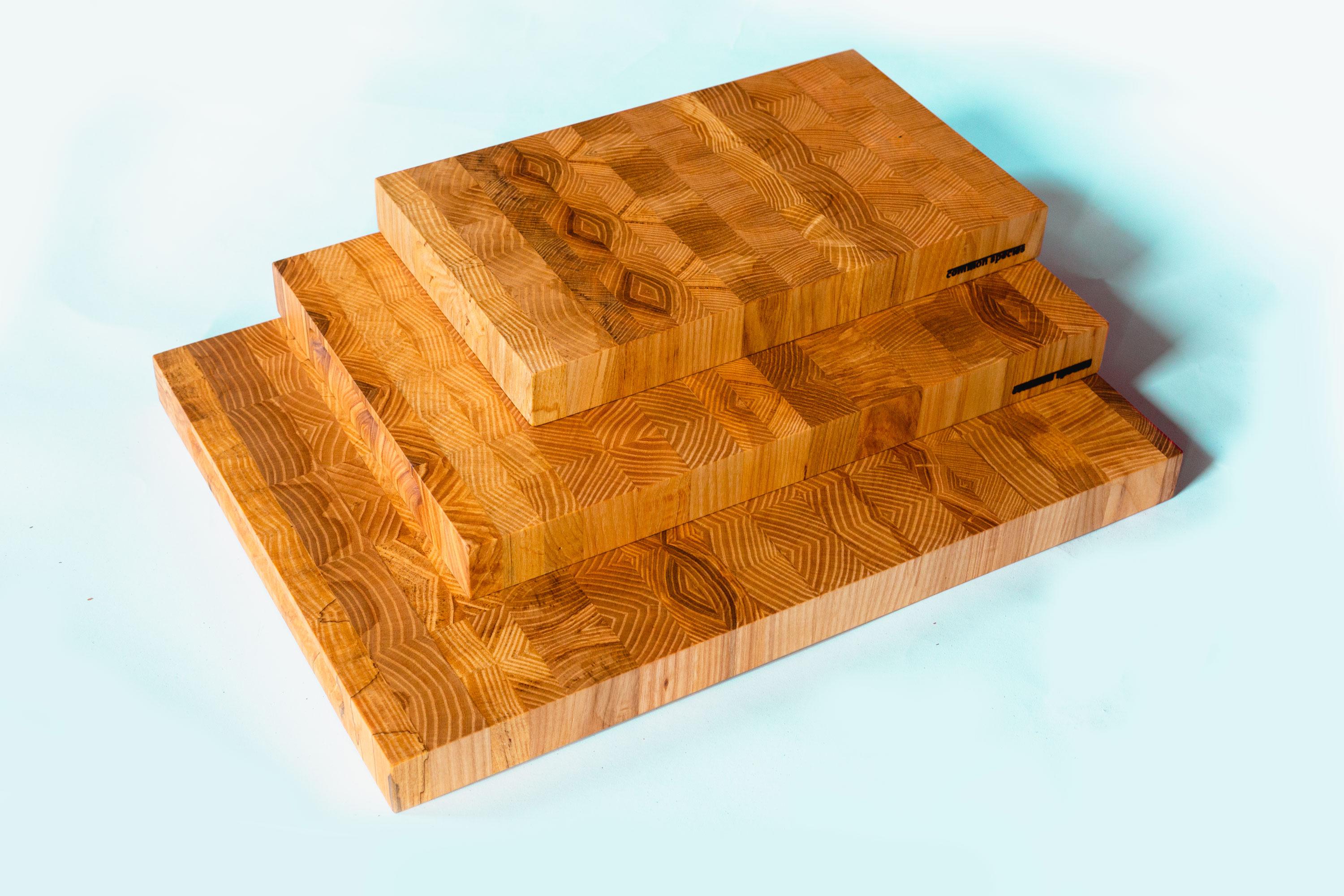 The natural patterns of the wood's grains create amazing designs in these end-grain butcher block surfaces. Unlike on traditional long-grain cutting boards, the knife cuts amongst the ends of the wood fibers, rather than through them. This has two