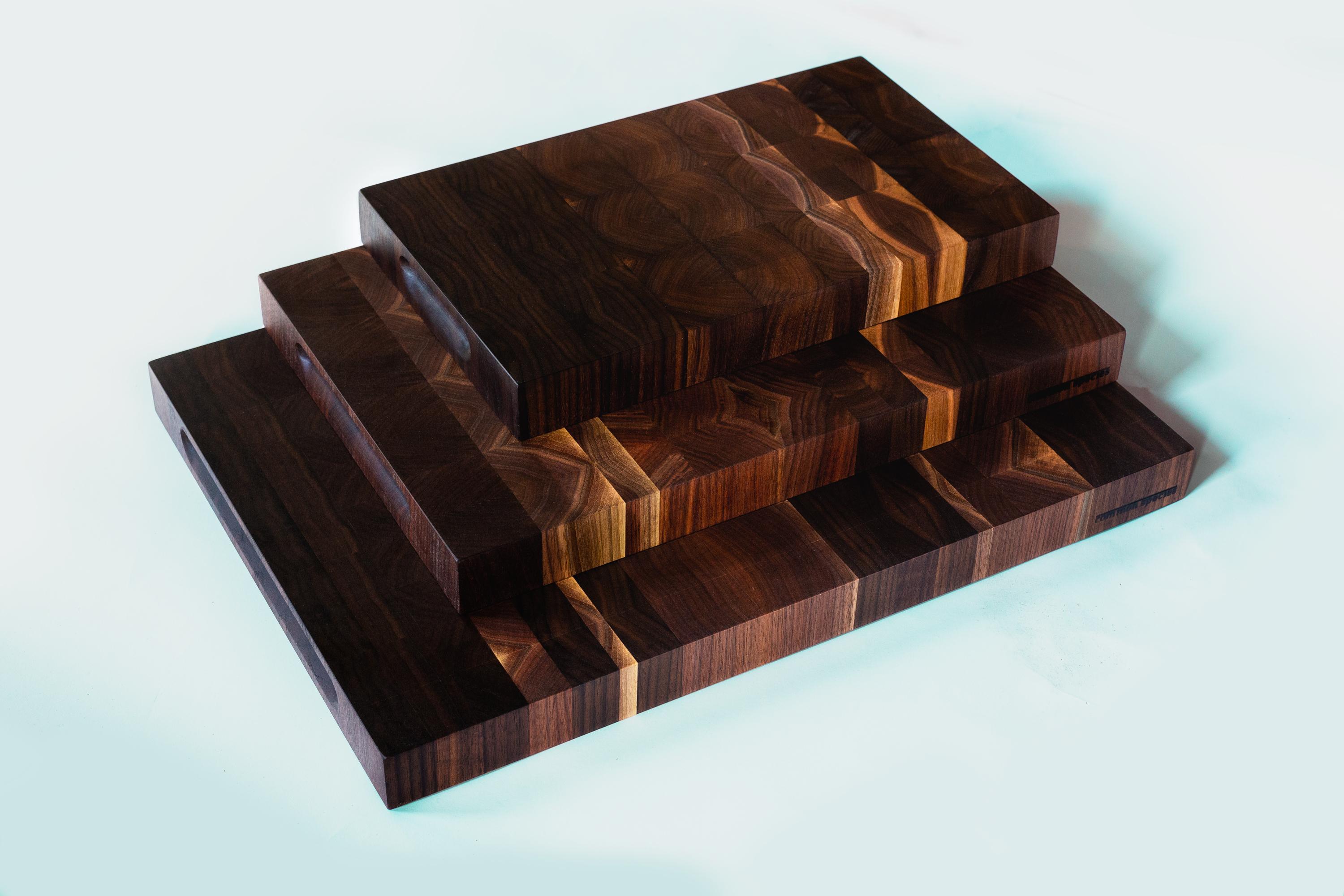 The natural patterns of the wood's grains create amazing designs in these end-grain butcher block surfaces. Unlike on traditional long-grain cutting boards, the knife cuts amongst the ends of the wood fibers, rather than through them. This has two