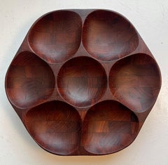 End Grain Butcher Block Teak Tray on a Lazy Susan, Hong Kong, 1960's