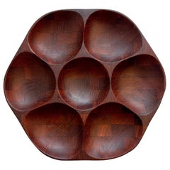 End Grain Butcher Block Teak Tray on a Lazy Susan, Hong Kong, 1960's