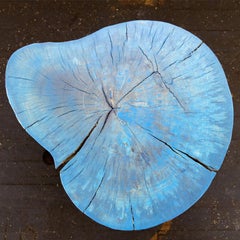 End Grain Round Side Table Blue and Light Wood with Black Patina Steel Legs #6