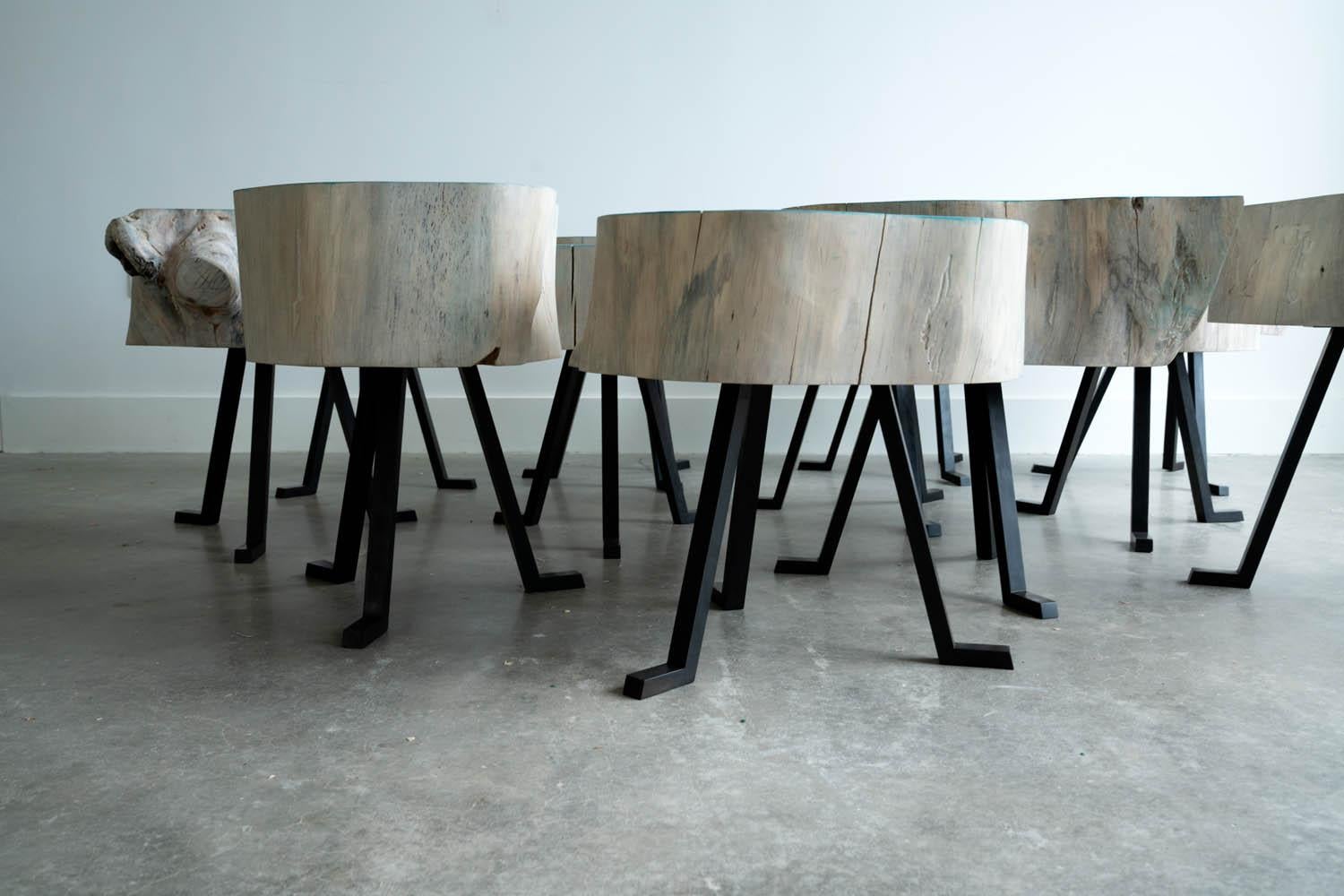 Organic Modern End Grain Round Side Table Blue and Light Wood with Black Patina Steel Legs #6
