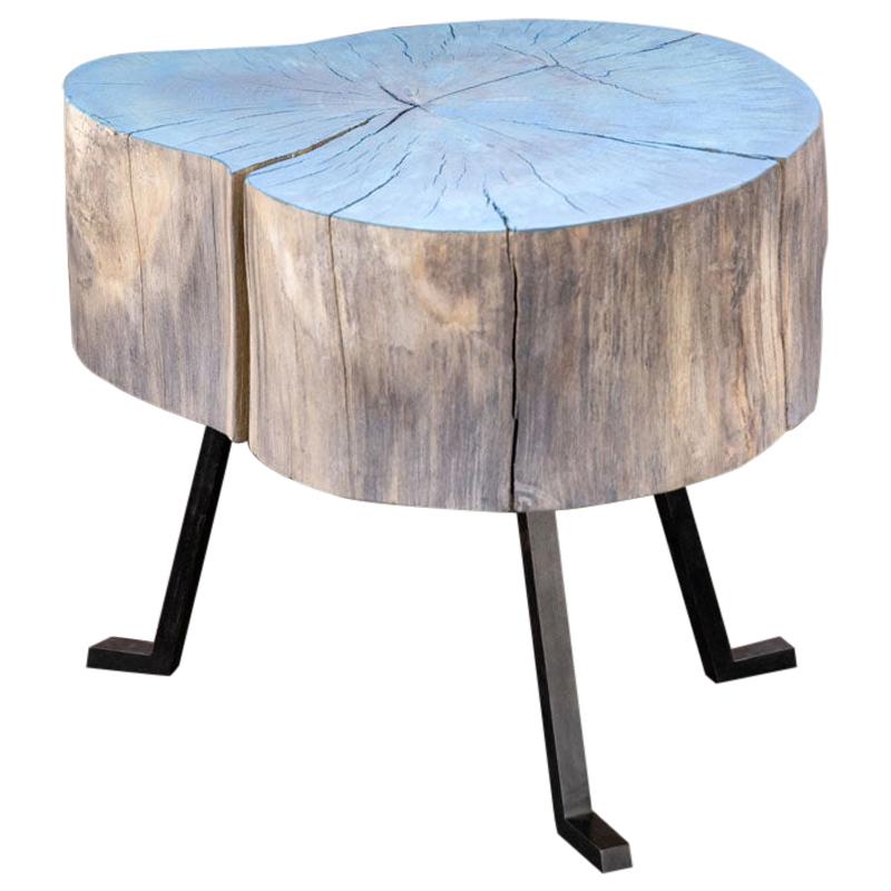 End Grain Round Side Table Blue and Light Wood with Black Patina Steel Legs #6