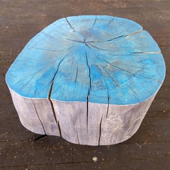 Live Edge Round Side Table Blue and Light Wood with Black Patina Steel Legs #7