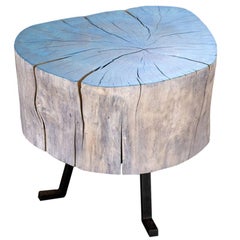 Live Edge Round Side Table Blue and Light Wood with Black Patina Steel Legs #7