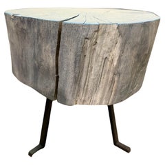 End Grain Round Side Table Blue and Light Wood with Black Patina Steel Legs #7