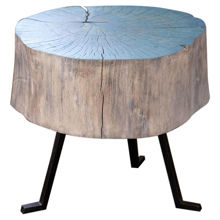 Live Edge Round Side Table Blue and Light Wood with Black Patina Steel Legs #8