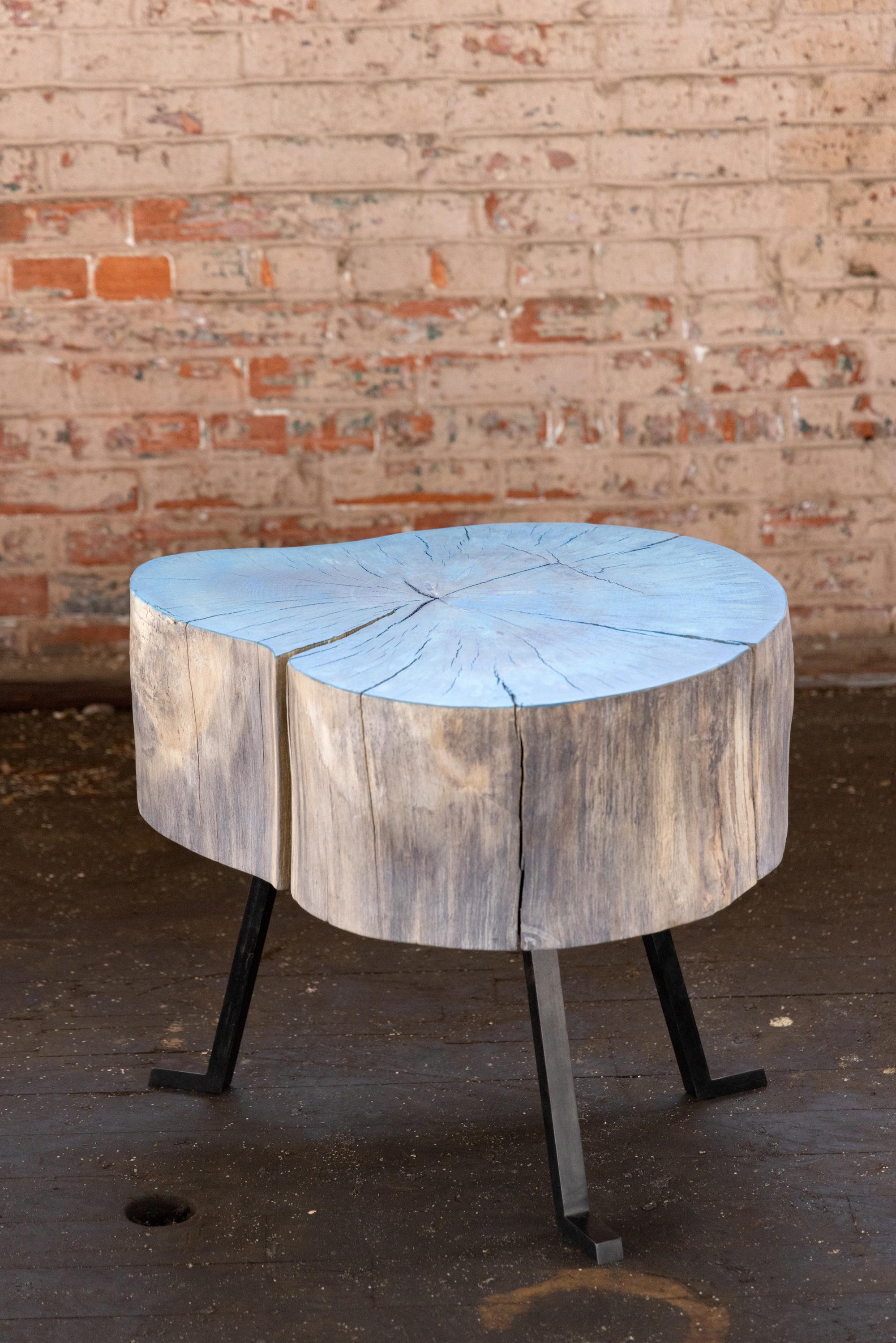 Contemporary End Grain Round Side Table Blue and Light Wood with Black Patina Steel Legs For Sale