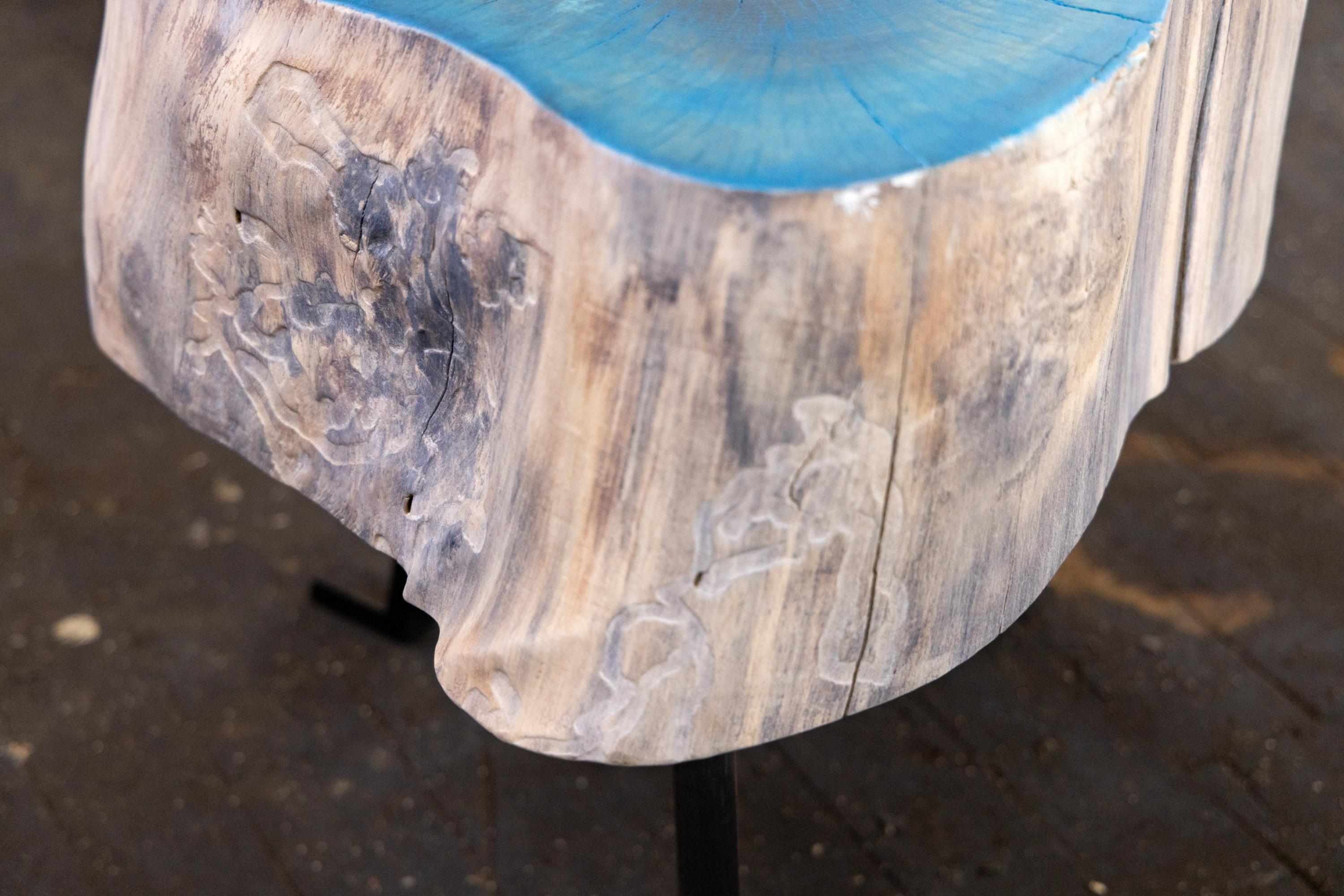 End Grain Round Side Table Blue and Light Wood with Black Patina Steel Legs For Sale 2