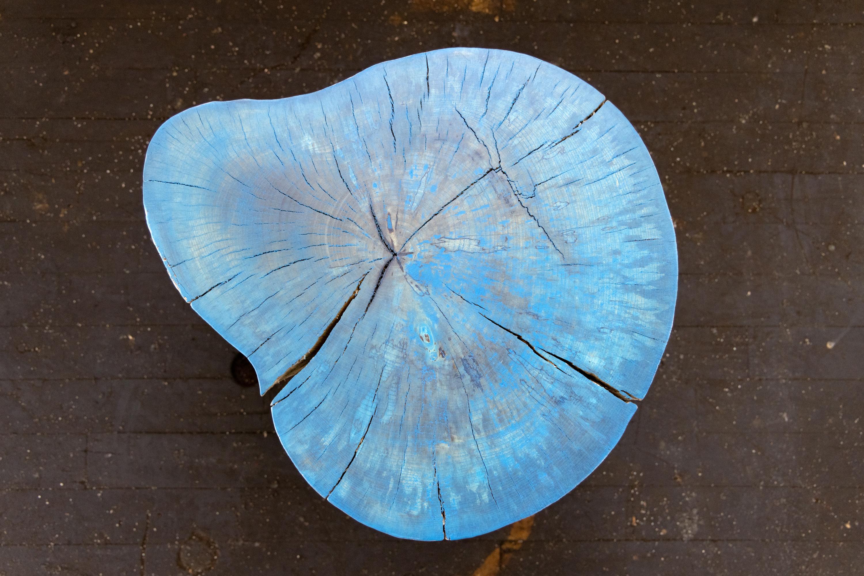 End Grain Round Side Table Blue and Light Wood with Black Patina Steel Legs For Sale 3