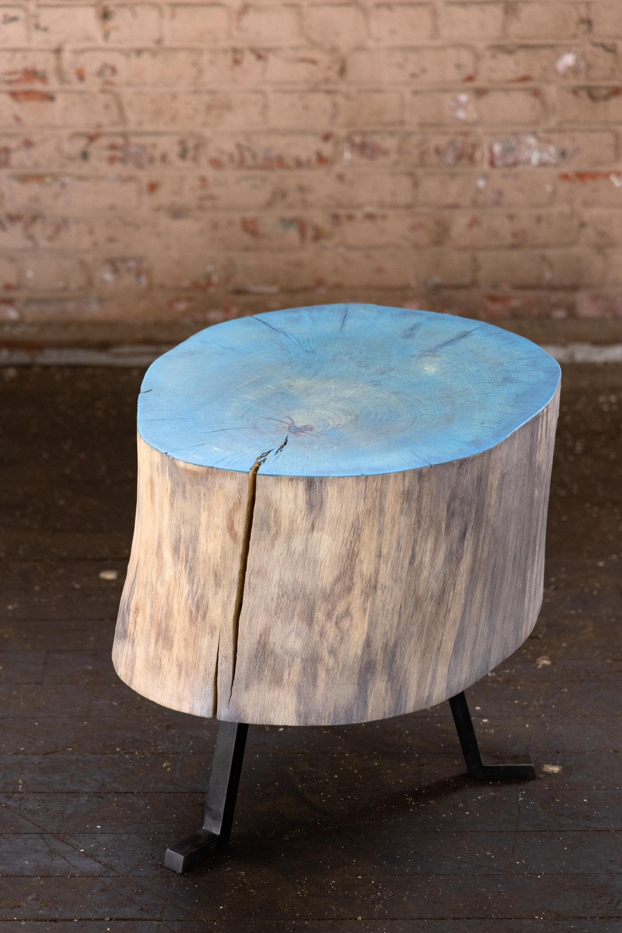 End Grain Round Side Table Blue and Light Wood with Black Patina Steel Legs For Sale 4