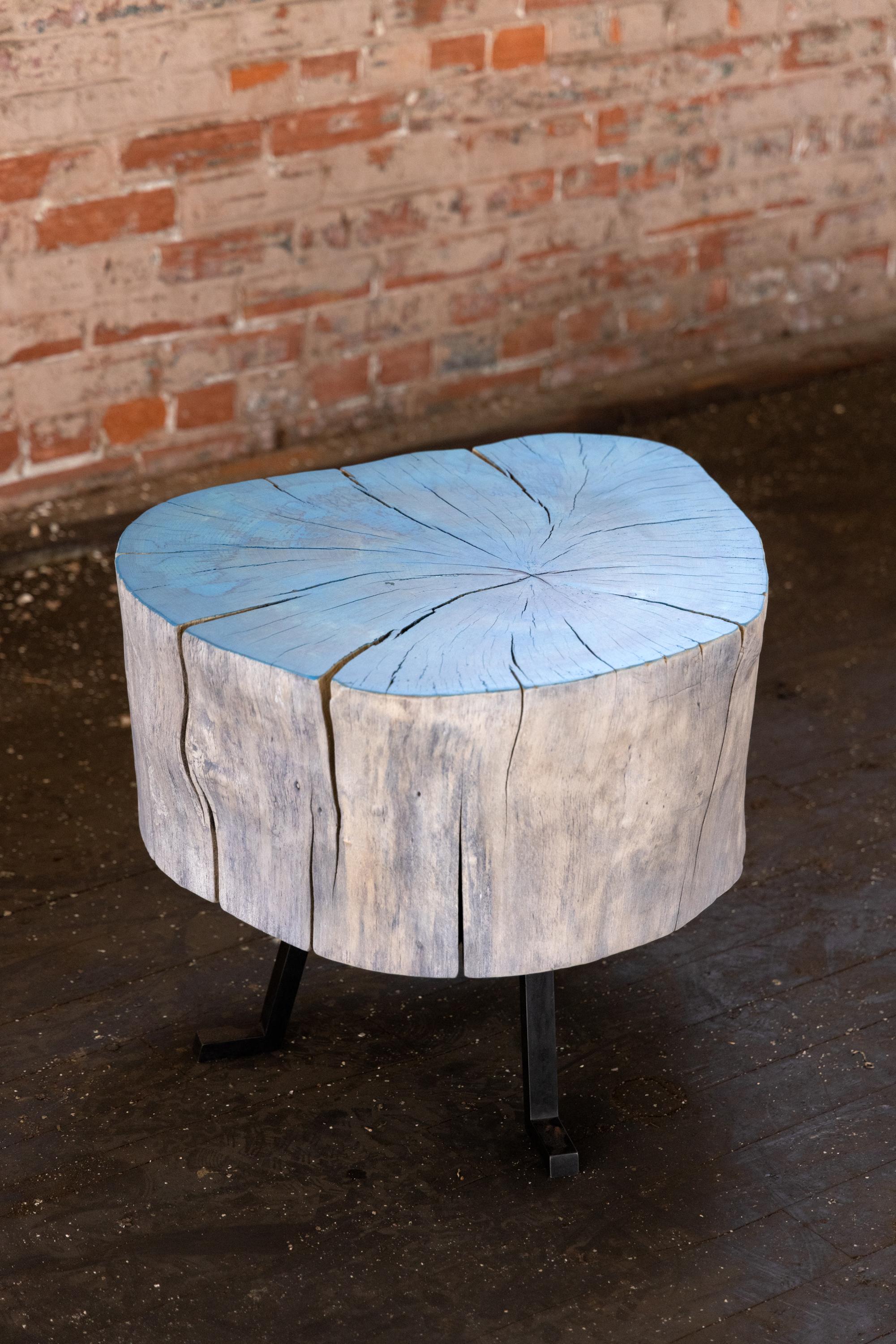 Organic Modern End Grain Round Side Table Blue and Light Wood with Black Patina Steel Legs For Sale