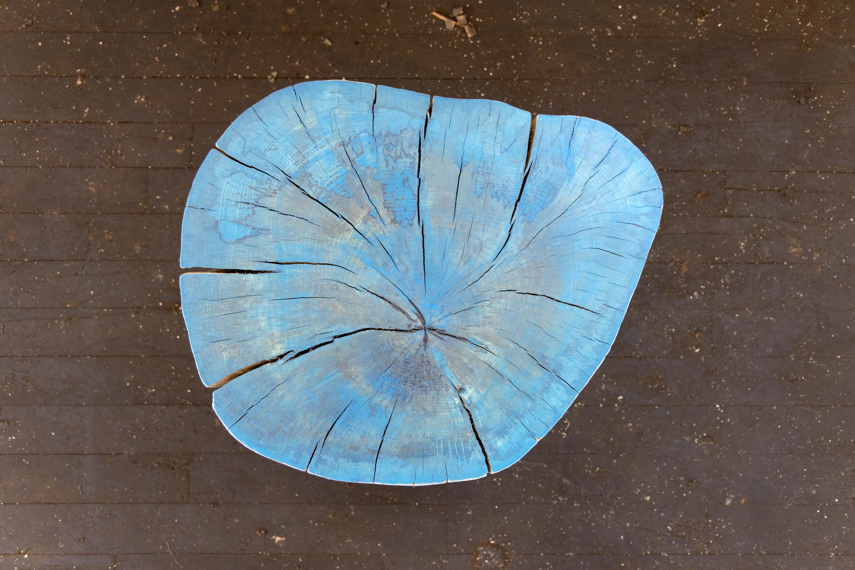 American End Grain Round Side Table Blue and Light Wood with Black Patina Steel Legs For Sale