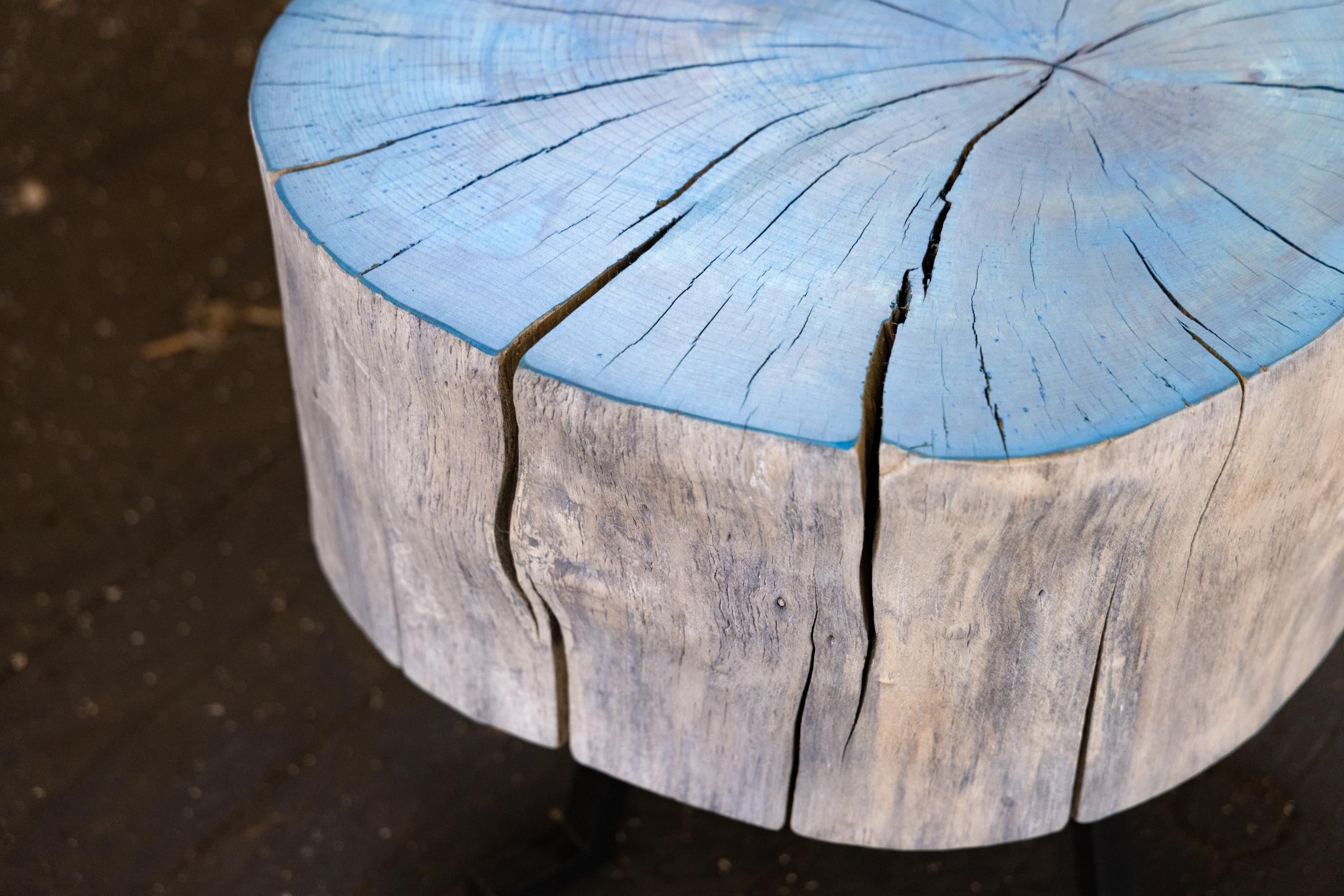 Welded End Grain Round Side Table Blue and Light Wood with Black Patina Steel Legs For Sale