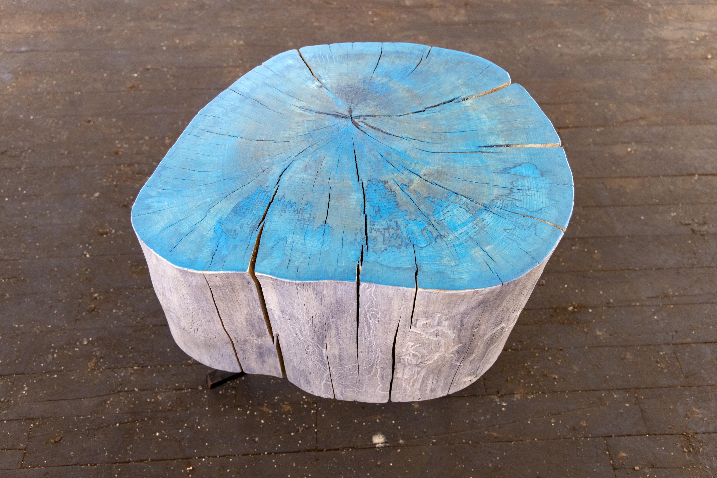 End Grain Round Side Table Blue and Light Wood with Black Patina Steel Legs In New Condition For Sale In Birmingham, AL