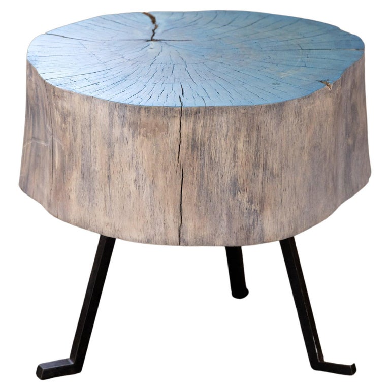 End Grain Round Side Table Blue and Light Wood with Black Patina Steel