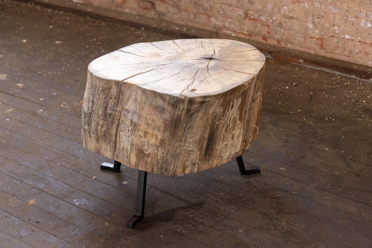 End Grain Round Side Table Light Wood Black Patina Steel Legs by