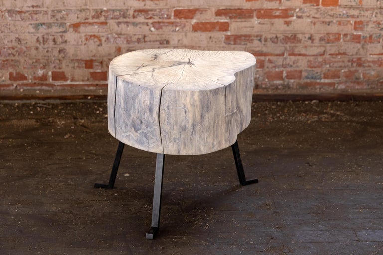 End Grain Round Side Table Light Wood Black Patina Steel Legs by