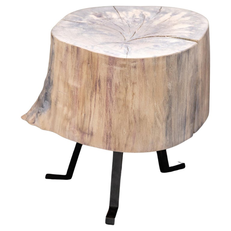 End Grain Round Side Table Light Wood Black Patina Steel Legs by