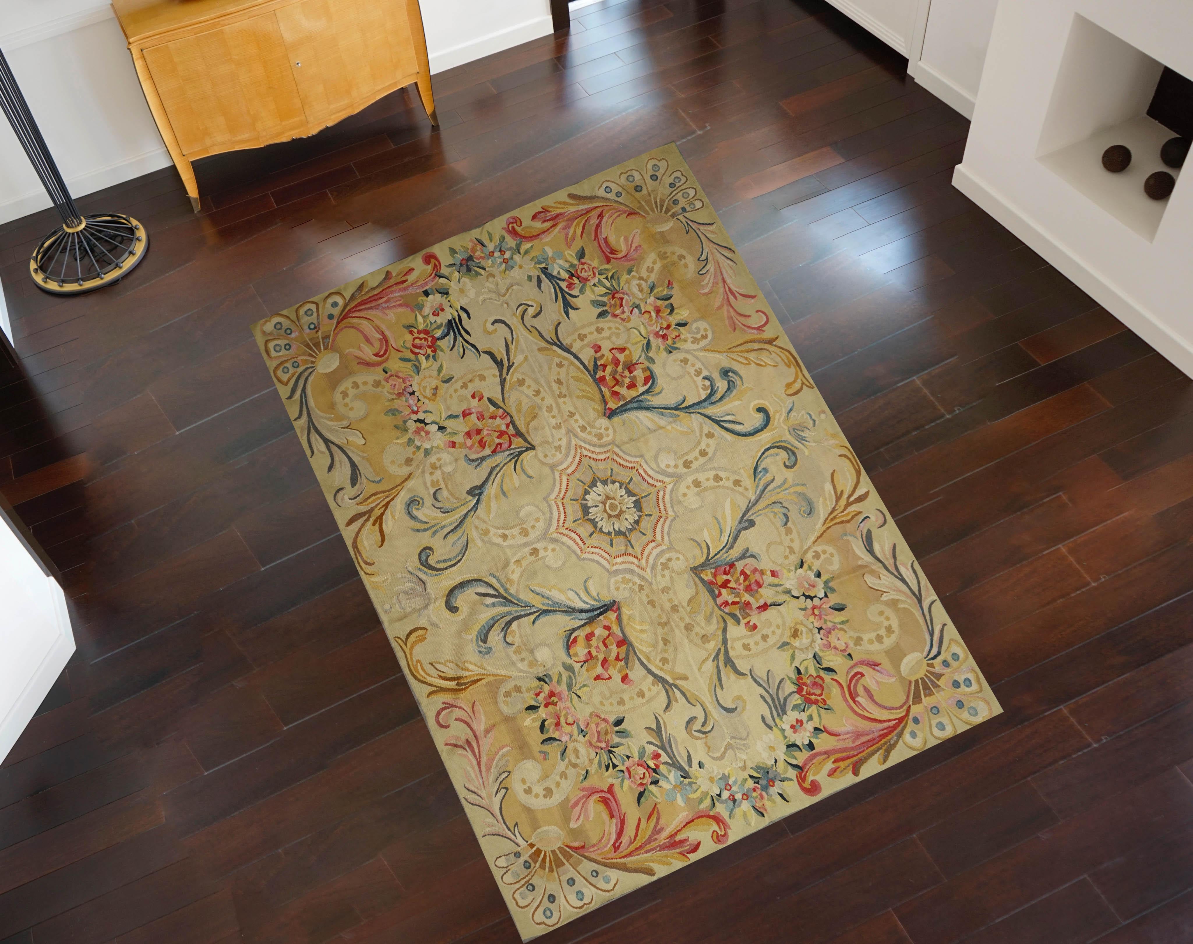 Hand-Woven End of 19th Century Handwoven Antique Aubusson Rug For Sale