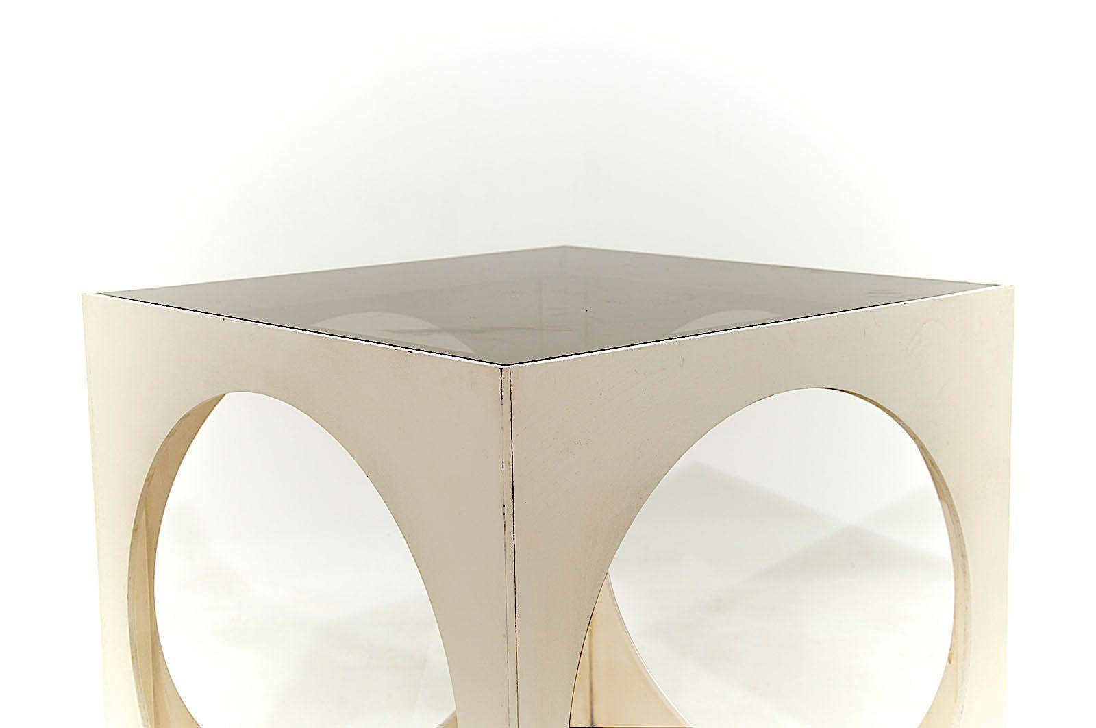 French End of Sofa Tables White Color with Wood Smoked Glass, France, 1970, Space Age