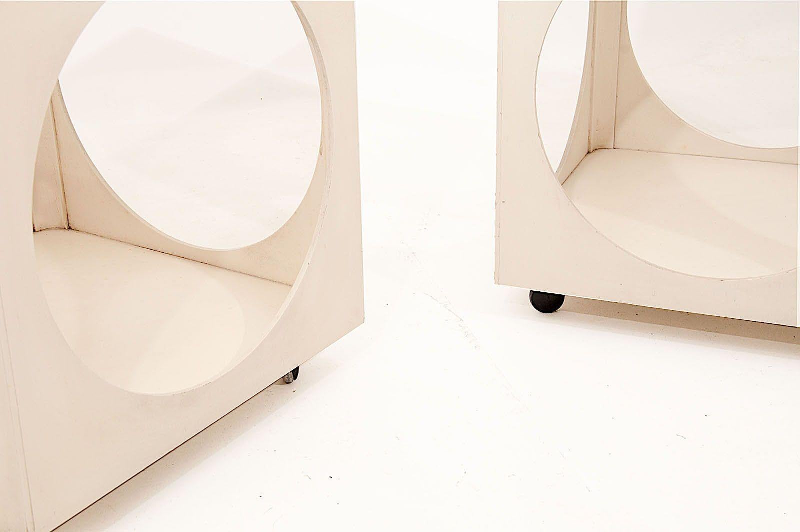 Late 20th Century End of Sofa Tables White Color with Wood Smoked Glass, France, 1970, Space Age