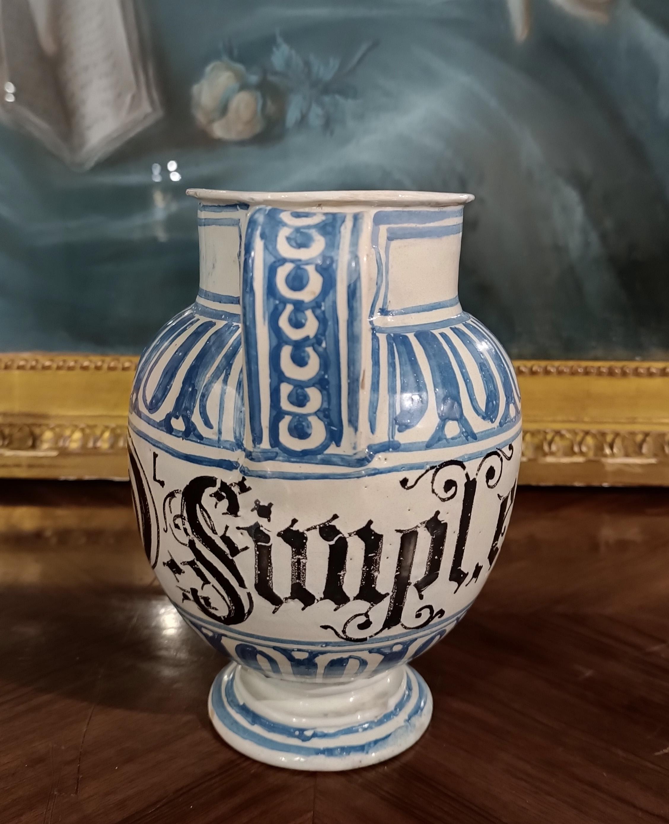 Italian END OF THE 17th CENTURY WHITE AND BLUE MAJOLICA JUG 