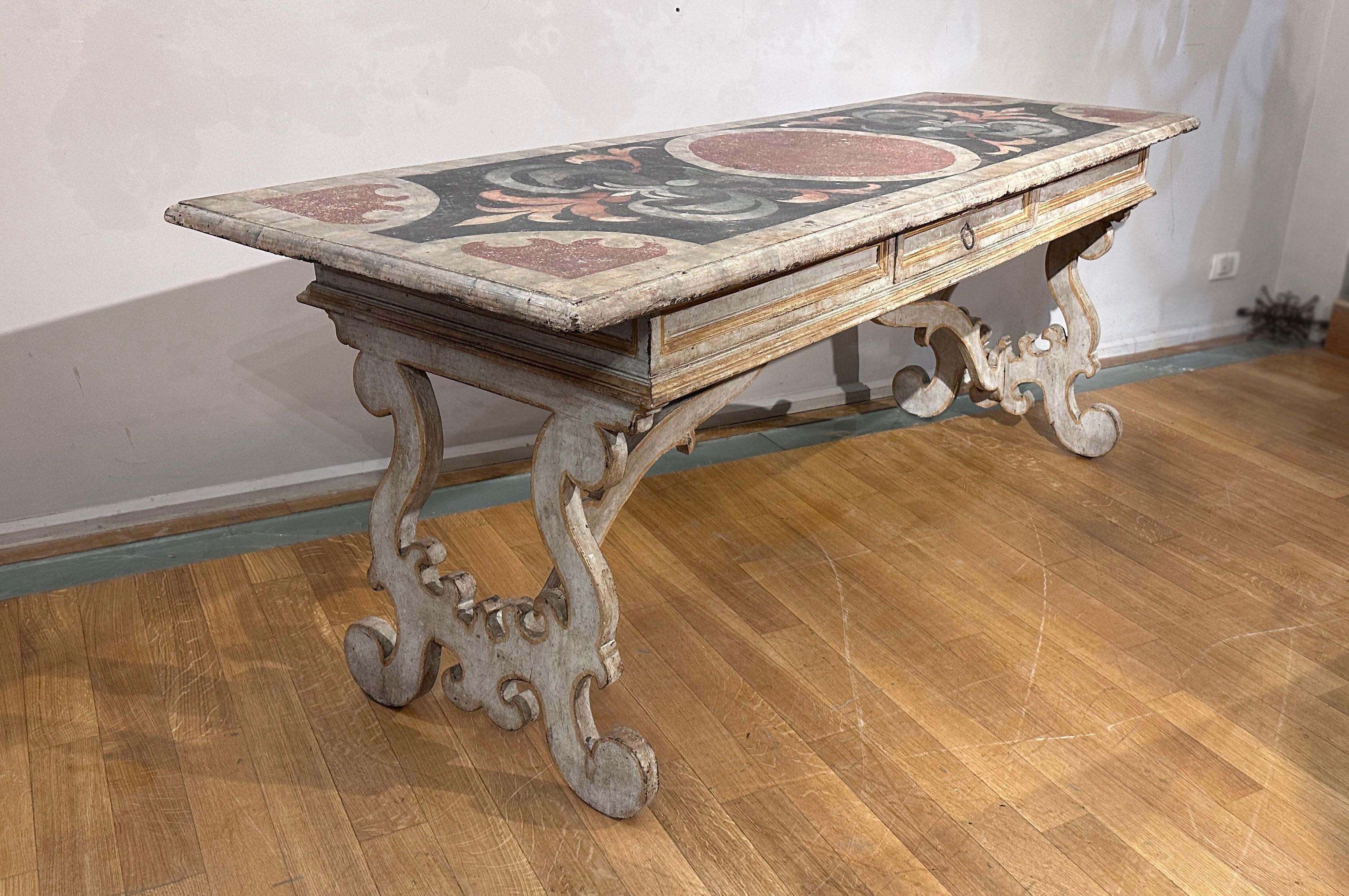 Italian END OF THE 17th CENTURY WOODEN TABLE PAINTED AS MARBLE INLAYS
