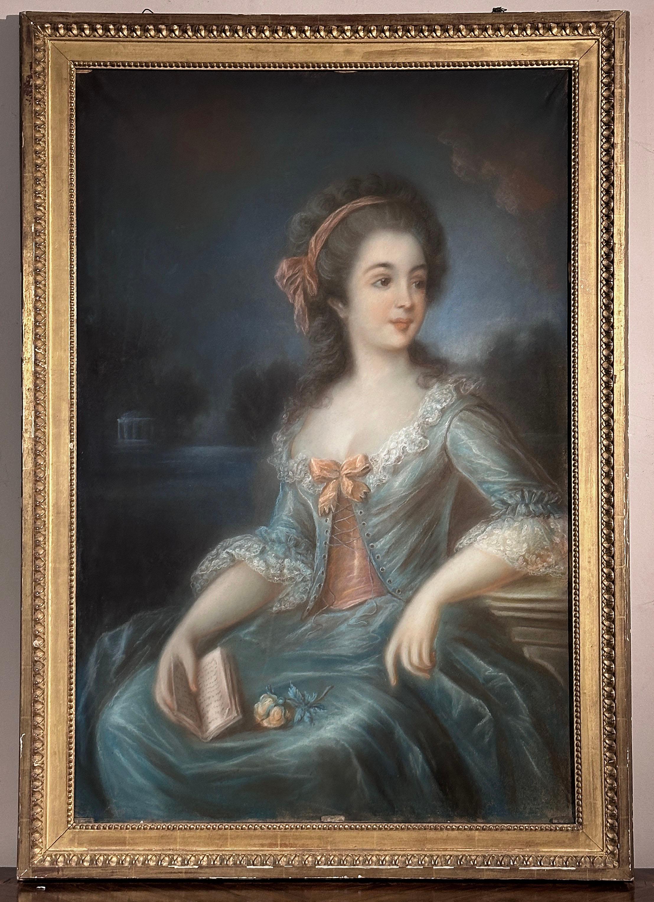 Splendid pastel portrait on paper, mounted on a canvas board and framed in an antique pine wood frame carved and gilded with gold leaf. The glass covering the painting is also an authentic period piece, being hand blown. At the center of the