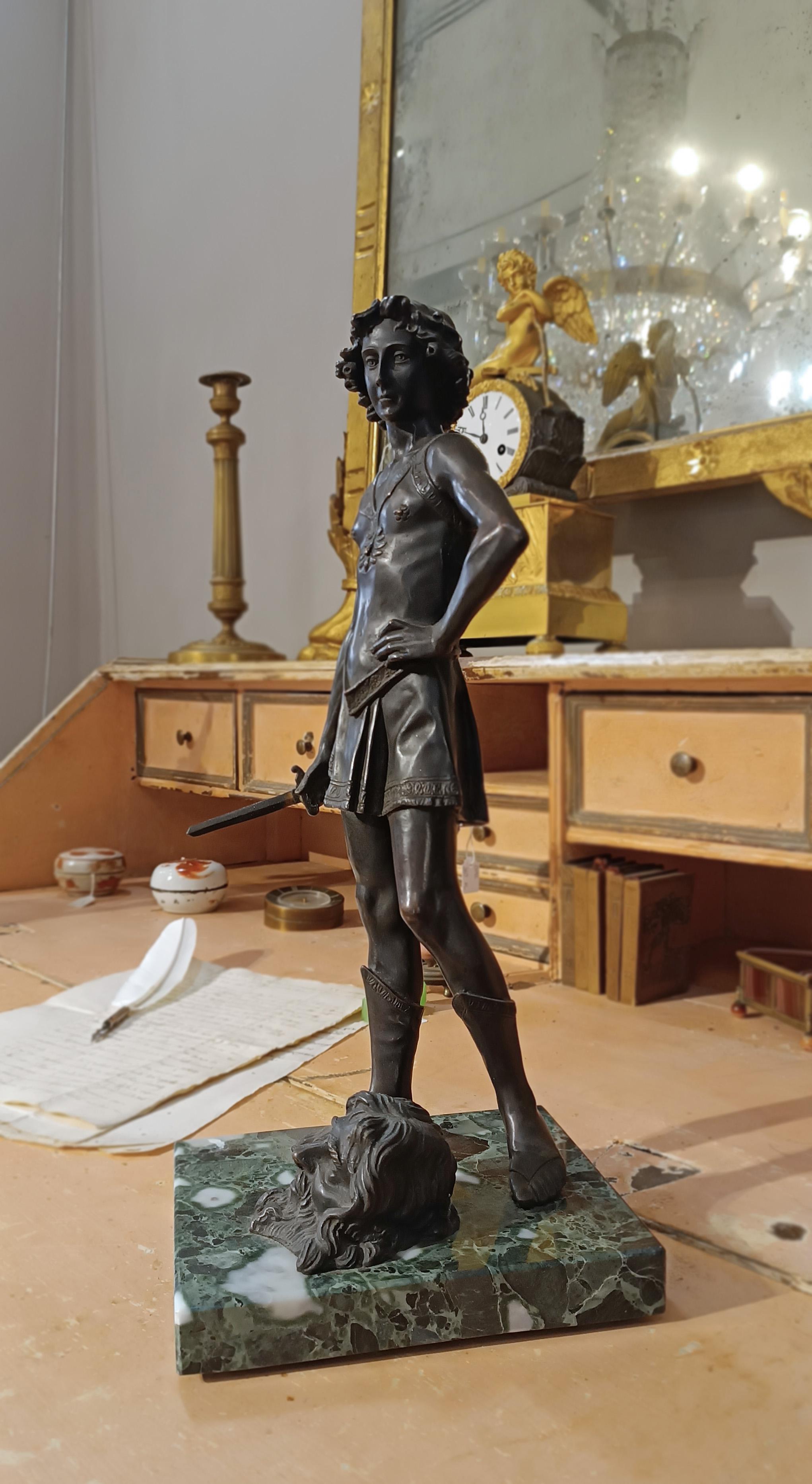 Hand-Crafted END OF THE 19th CENTURY BRONZE SCULPTURE DAVID AND GOLIATH WITH MARBLE BASE  For Sale