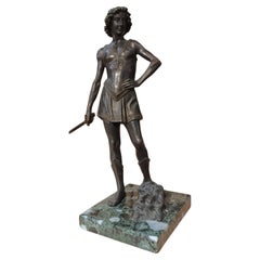 Antique END OF THE 19th CENTURY BRONZE SCULPTURE DAVID AND GOLIATH WITH MARBLE BASE 