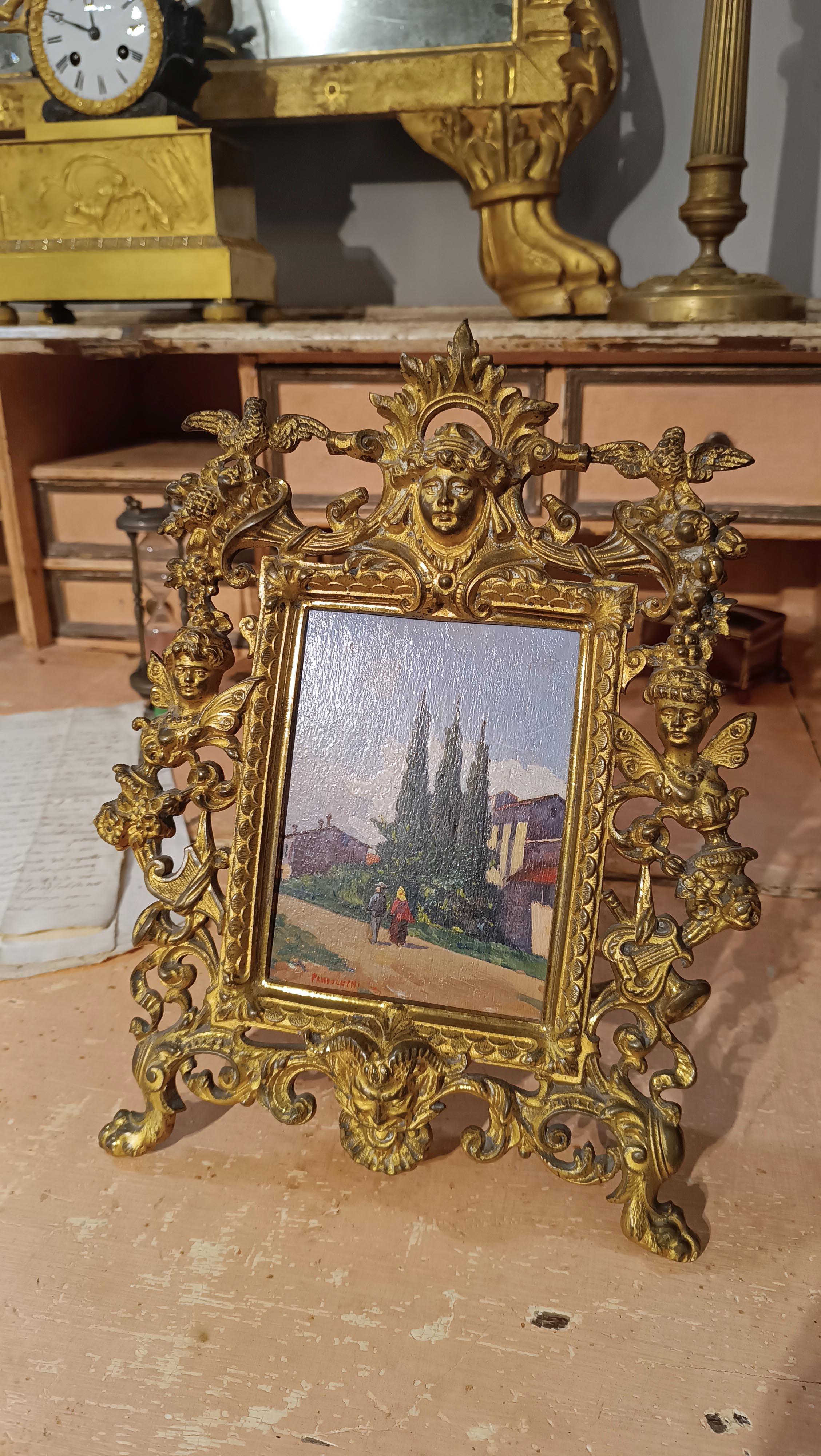 Italian END OF THE 19th CENTURY GOLDEN BRONZE FRAME WITH SMALL PAINTING  For Sale