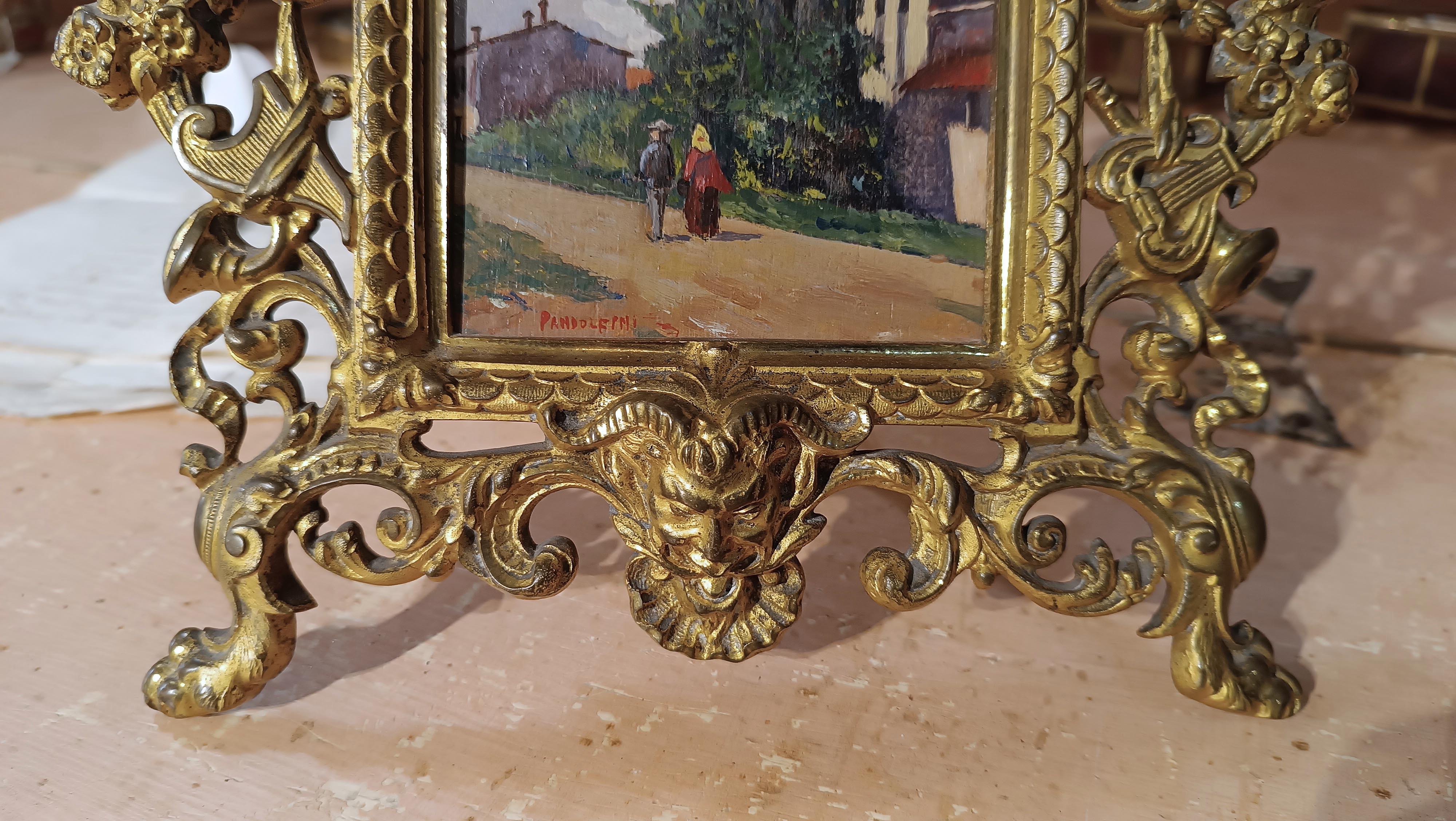 END OF THE 19th CENTURY GOLDEN BRONZE FRAME WITH SMALL PAINTING  In Good Condition For Sale In Firenze, FI