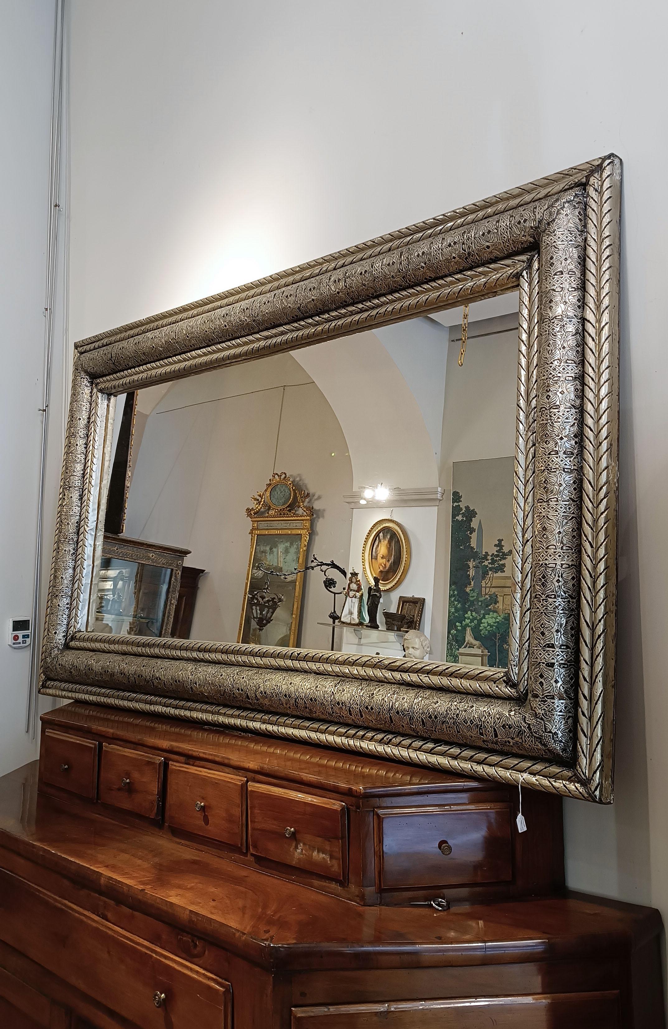 Italian END OF THE 19th CENTURY LARGE SILVER-PLATED COPPER MIRROR  For Sale