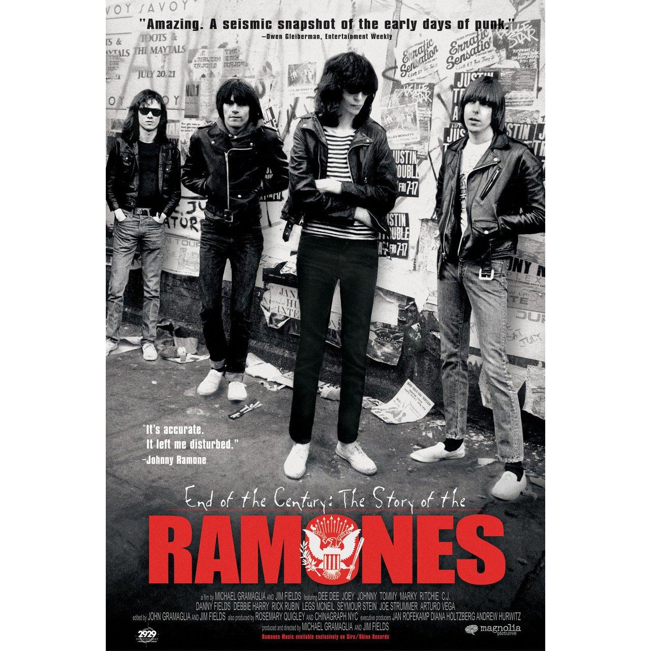 Original 2003 U.S. one sheet poster for the documentary film “End of the Century: The Story of the Ramones” directed by Jim Fields / Michael Gramaglia with Marky Ramone / Johnny Ramone / Dee Dee Ramone / Tommy Ramone / The Ramones. Very good-fine