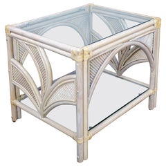 End or Side Table Cerused Reeded Rattan Base Glass Top Manner Gabriella Crespi