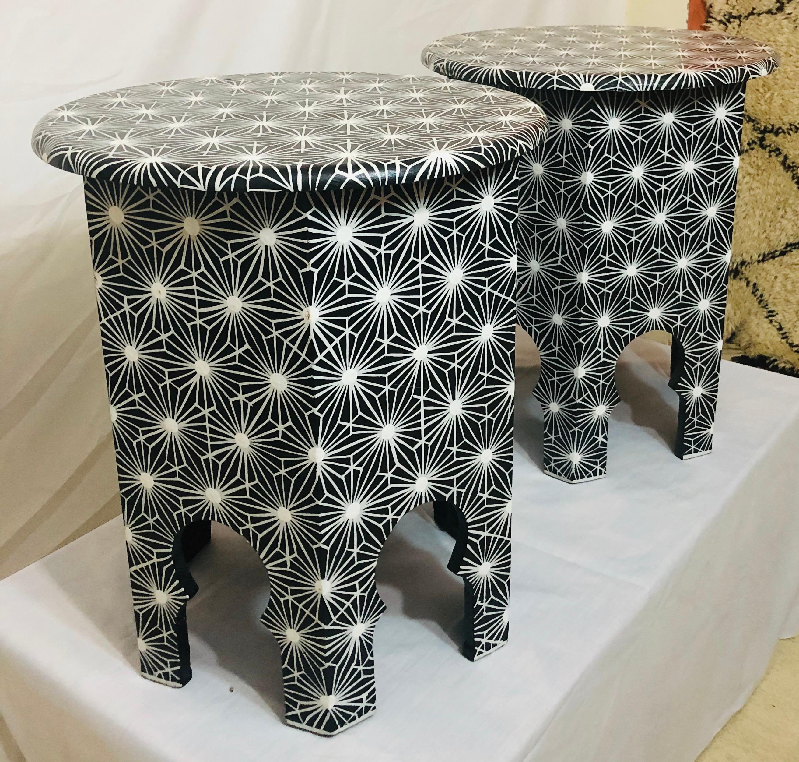 Late 20th Century End, Side or Lamp Table Modern Moroccan in Black and White, a Pair