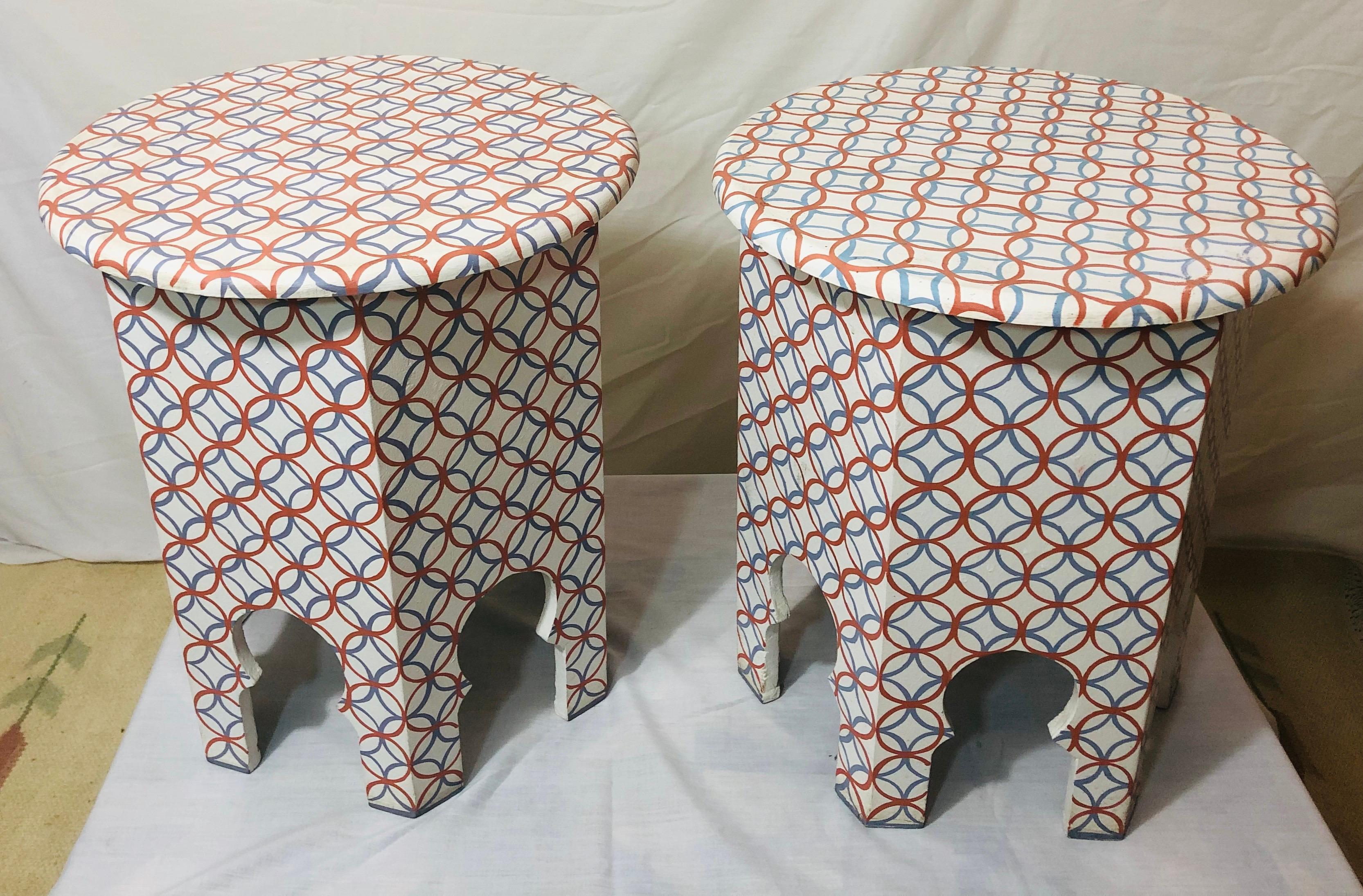 Modern Moroccan White, Blue and Orange End, Side or Lamp Table , a Pair For Sale 2