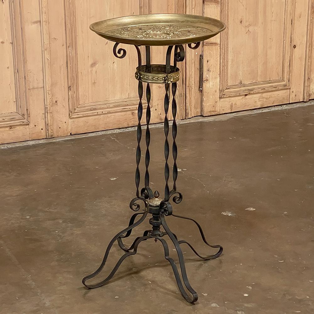 Renaissance Revival End Table, Plant Stand, 19th Century French Embossed Brass and Wrought Iron For Sale