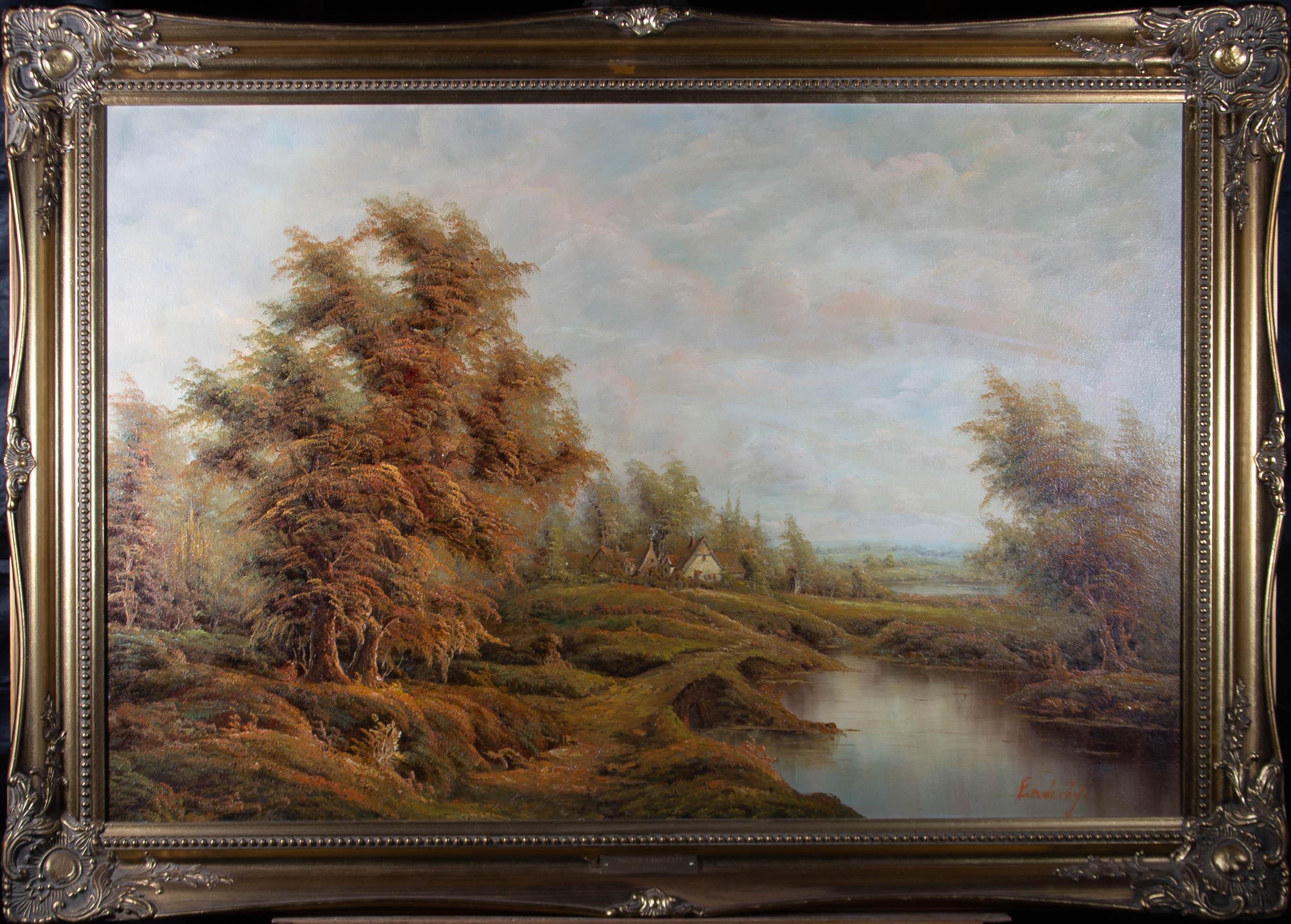 Un paysage anglais d'automne avec une rivière qui serpente depuis le premier plan vers des cottages au milieu de la distance. Présenté dans un cadre en bois orné d'un effet doré. Signé sur le bord inférieur droit. Une plaque est fixée au bord