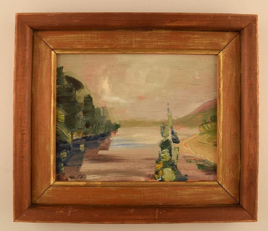Endis Bergström (1866-1950). Swedish painter. Oil on board. 
Modernist landscape. 1940's.
The board measures: 23 x 18 cm.
The frame measures: 5 cm.
In excellent condition.
Signed in monogram.