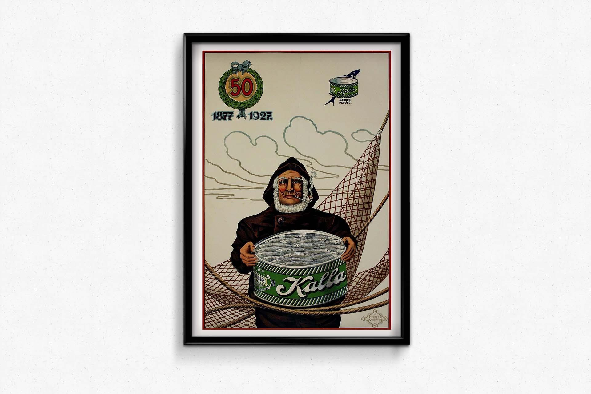 Circa 1930 original poster by Endler Weipert - Kalla brand of canned sardines For Sale 3