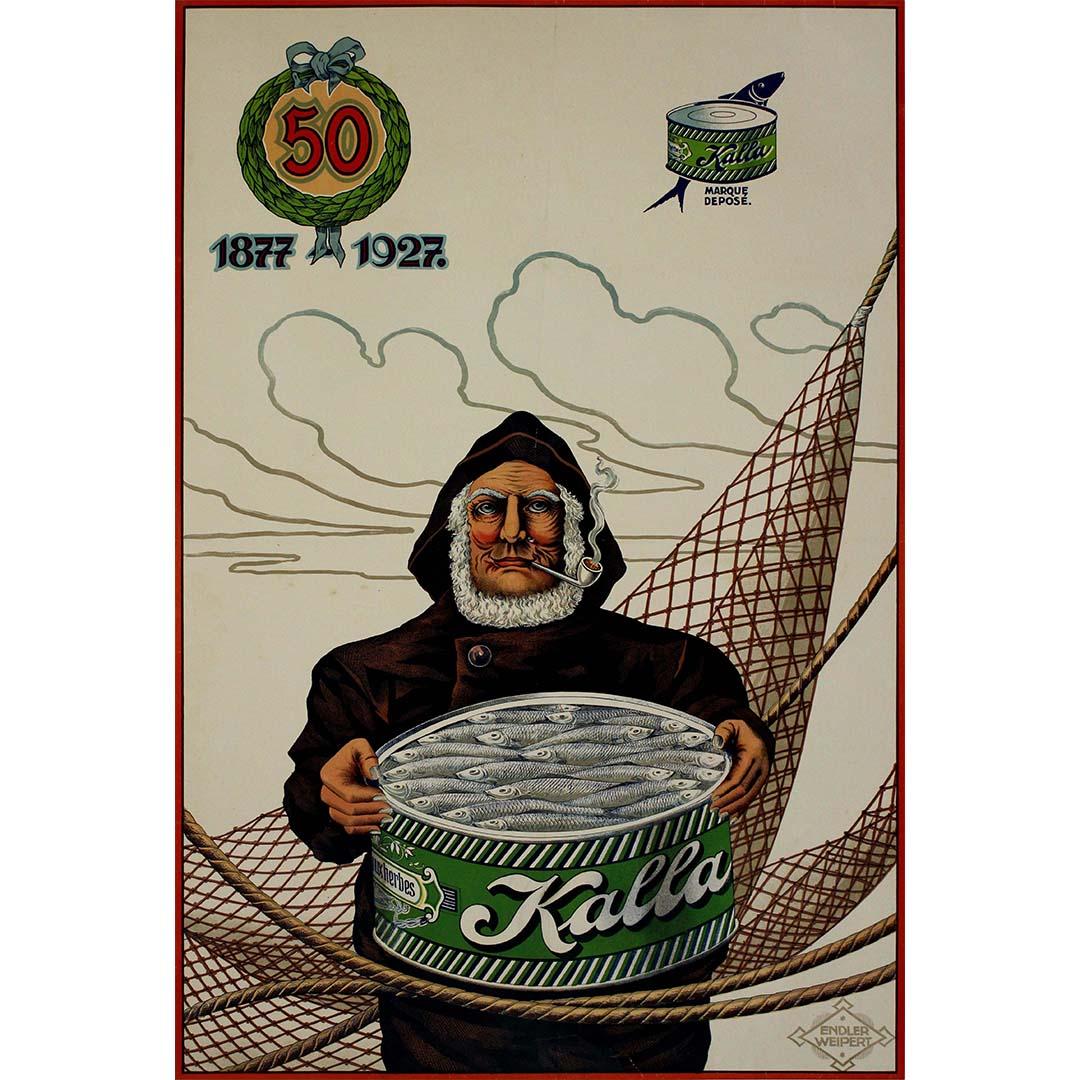 The circa 1930 original poster by Endler Weipert, titled "Kalla Sardines aux herbes", is a beautifully crafted advertisement for the Kalla brand of canned sardines. This vintage poster was created during a period when commercial art played a vital